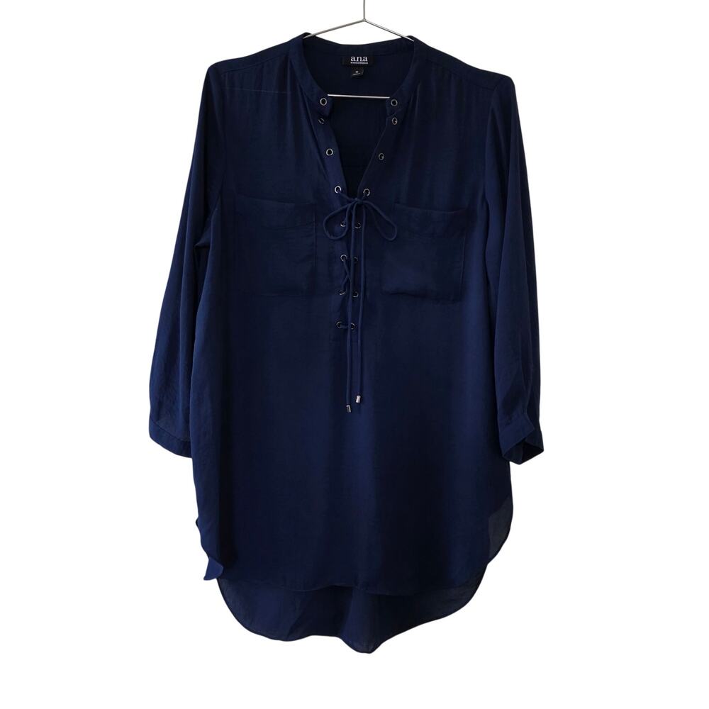A New Approach Navy Blue Lace Up Tunic Blouse Womens Size M